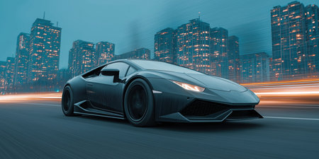 Sleek black sports car. Futuristic digital background. Concept of velocity and technology. A sleek black sports car.の素材