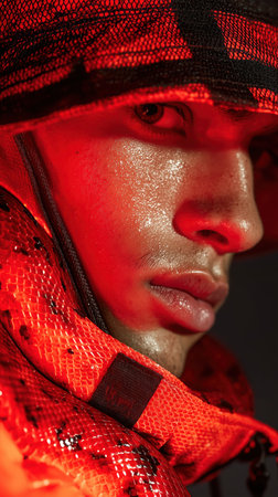 Male model standing under studio spotlight for shoot. Fashion, elegance, professionalism, portrait, minimalism, male, studio. High quality photoの素材