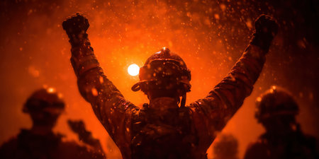 Close up Male Firefighter in Full Gear Ready for Duty, Standing in Front of a camera. Portrait of a Brave. High qualityの素材