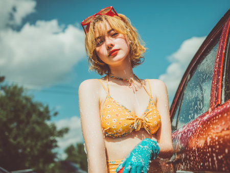 Woman in a swimsuit cleaning a luxury sports car with soap foam, holding a sponge, water splashing, banner advertising style. High qualityの素材