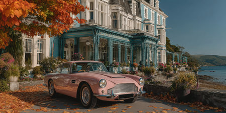 Rich life, vintage pink car near the villa, Old Money, luxurious house, beautiful car. High qualityの素材