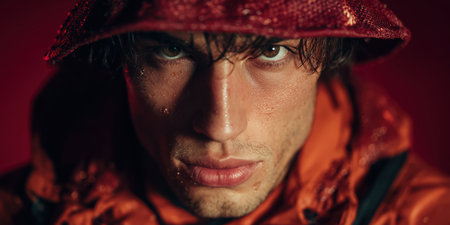 Male model standing under studio spotlight for shoot. Fashion, elegance, professionalism, portrait, minimalism, male, studio. High quality photoの素材