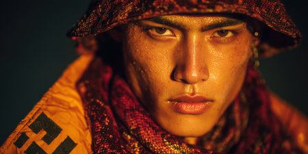 Male model standing under studio spotlight for shoot. Fashion, elegance, professionalism, portrait, minimalism, male, studio. High quality photoの素材