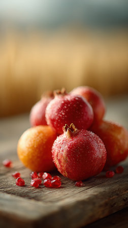 Fresh red pomegranate, pomegranate on a table, sweet red pomegranate in the kitchen. Fresh red pomegranate, pomegranate on a table, sweet red pomegranate in the kitchen. wood table High quality photoの素材