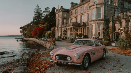 Rich life, vintage pink car near the villa, Old Money, luxurious house, beautiful car. High qualityの素材