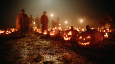 Happy Halloween holiday concept. Dark abandoned alley decorated with Halloween pumpkins, flickering street lamps, shadows moving in the fog, mysterious scary silhouettes in the distance, copy space. High qualityの素材