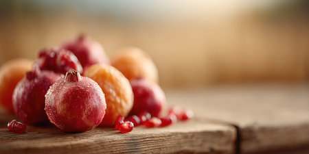 Fresh red pomegranate, pomegranate on a table, sweet red pomegranate in the kitchen. Fresh red pomegranate, pomegranate on a table, sweet red pomegranate in the kitchen. wood table High quality photoの素材
