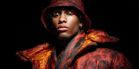 Male model standing under studio spotlight for shoot. Fashion, elegance, professionalism, portrait, minimalism, male, studio. High quality photoの素材