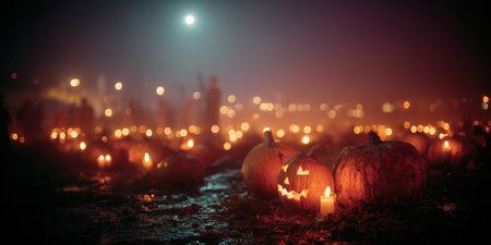 Happy Halloween holiday concept. Dark abandoned alley decorated with Halloween pumpkins, flickering street lamps, shadows moving in the fog, mysterious scary silhouettes in the distance, copy space. High qualityの素材