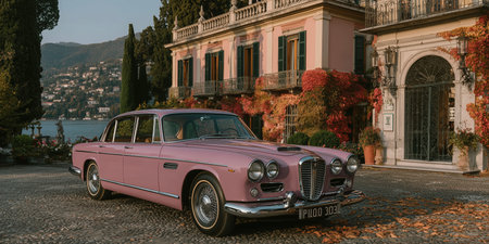 Rich life, vintage pink car near the villa, Old Money, luxurious house, beautiful car. High qualityの素材