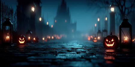 Happy Halloween holiday concept. Dark abandoned alley decorated with Halloween pumpkins, flickering street lamps, shadows moving in the fog, mysterious scary silhouettes in the distance, copy space. High qualityの素材