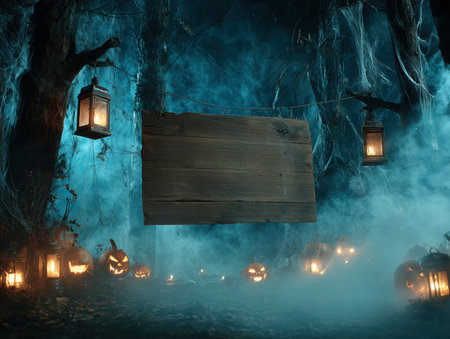 Happy Halloween holiday concept. a large old wooden signboard, carved glowing jack-o'-lantern pumpkins with sinister faces around, copy space. High qualityの素材