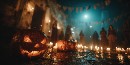 Happy Halloween holiday concept. Dark abandoned alley decorated with Halloween pumpkins, flickering street lamps, shadows moving in the fog, mysterious scary silhouettes in the distance, copy space. High qualityの素材