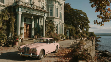 Rich life, vintage pink car near the villa, Old Money, luxurious house, beautiful car. High qualityの素材