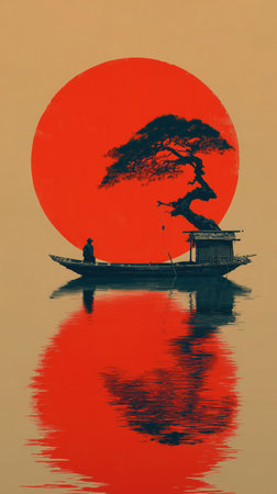 Fisherman in Japan, big red sun, abstract, Japanese flag, tree and fisherman, morning, new day. High qualityの素材