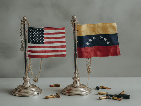 Venezuela and United States flag. Venezuela and USA. Venezuela vs US diplomatic concept. High quality photoの素材