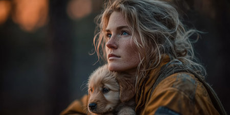 A firefighter rescued a dog from a fire. Close up female Firefighter in Full Gear Ready for Duty, Standing in Front of a camera. Portrait of a Brave. High qualityの素材