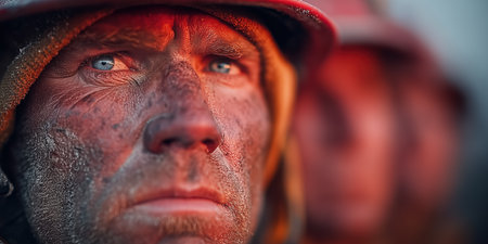 Close up Male Firefighter in Full Gear Ready for Duty, Standing in Front of a camera. Portrait of a Brave. High qualityの素材