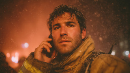 Close up Male Firefighter in Full Gear Ready for Duty, Standing in Front of a camera. Portrait of a Brave. High qualityの素材