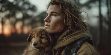A firefighter rescued a dog from a fire. Close up Male Firefighter in Full Gear Ready for Duty, Standing in Front of a camera. Portrait of a Brave. High qualityの素材