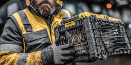 Search for stray cat , animal capture, street cats, mongrels, animal control officers in uniforms working together. High qualityの素材