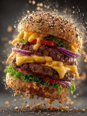 Juicy freshly cooked cheeseburger close-up, burger meat and salad. food closeup, making delicious burger. Step-by-step burger preparation. High quality photoの素材