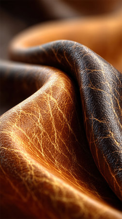 Close up of brown textured natural leather Colored Fabric Leather folded and luminated under moving Light, making epic amazing shadows on textured background. High quality photoの素材