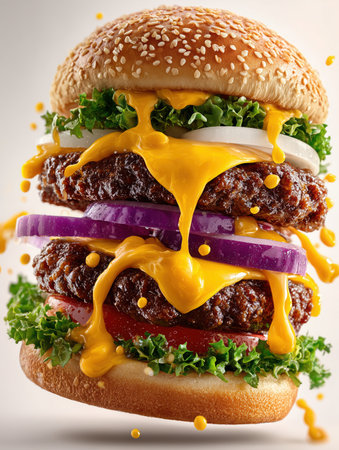 Juicy freshly cooked cheeseburger close-up, burger meat and salad. food closeup, making delicious burger. Step-by-step burger preparation. High quality photoの素材