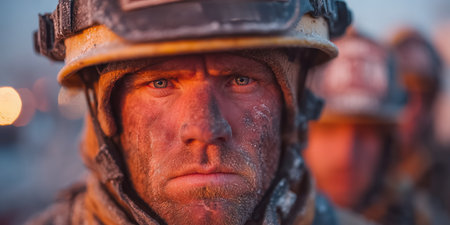 Close up Male Firefighter in Full Gear Ready for Duty, Standing in Front of a camera. Portrait of a Brave. High qualityの素材