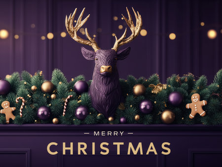 Christmas and new year background concept. Top view of Christmas decoration made from snowflake, Christmas Lights gingerbread cookies and fir tree branch, ball on purple background. High qualityの素材