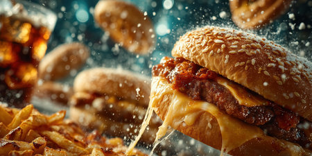 Juicy freshly cooked cheeseburger close-up, burger meat and salad. food closeup, making delicious burger. Step-by-step burger preparation. High quality photoの素材