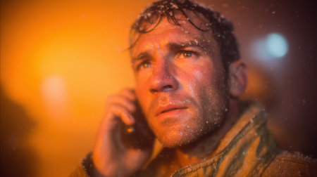 Close up Male Firefighter in Full Gear Ready for Duty, Standing in Front of a camera. Portrait of a Brave. High qualityの素材