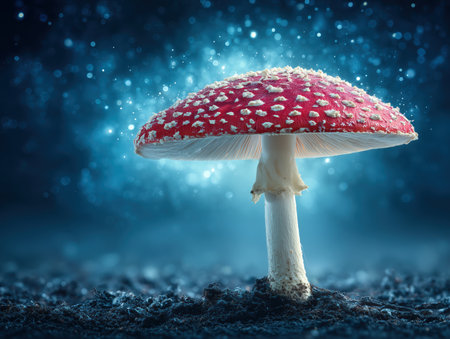 Red fly agaric mushroom close up. Detailed closeup of vibrant mushrooms, Mushrooms And Plants In The Magical Forest. High qualityの素材