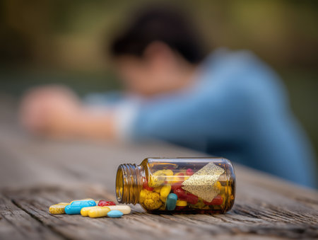 Suicide concept. Drug addiction, medical abuse, tablet overdose. Man Hand on Floor with Bottle of Pills Spilled, close-up. High quality photoの素材