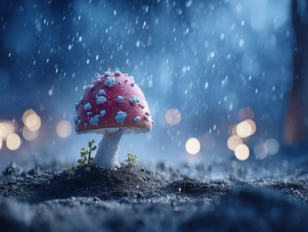 Red fly agaric mushroom close up. Detailed closeup of vibrant mushrooms, Mushrooms And Plants In The Magical Forest. High qualityの素材