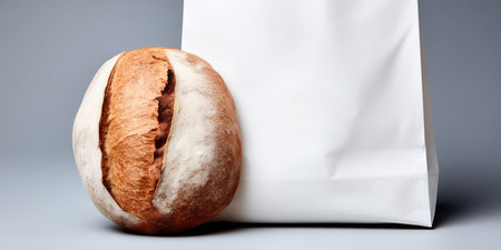 Freshly baked bread and a stylish white bag, food, for bread advertising, delicious bread, bread crust. High qualityの素材