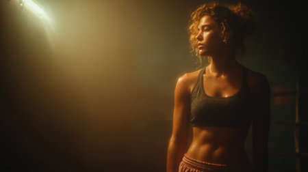 Beautiful girl boxer, sport concept, healthy lifestyle, for advertising. Woman fighter looks at the camera, training in the boxing gym, a series of punches, front view. High quality photoの素材