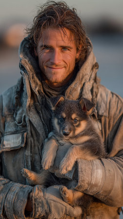 A firefighter rescued a dog from a fire. Close up Male Firefighter in Full Gear Ready for Duty, Standing in Front of a camera. Portrait of a Brave. High qualityの素材