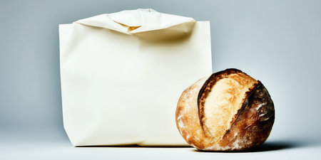 Freshly baked bread and a stylish white bag, food, for bread advertising, delicious bread, bread crust. High qualityの素材