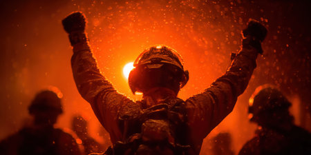 Close up Male Firefighter in Full Gear Ready for Duty, Standing in Front of a camera. Portrait of a Brave. High qualityの素材