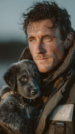 A firefighter rescued a dog from a fire. Close up Male Firefighter in Full Gear Ready for Duty, Standing in Front of a camera. Portrait of a Brave. High qualityの素材