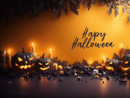 Happy Halloween holiday concept. Frame of Halloween decorations, bats, ghosts, garland, spiders on black, background. Halloween greeting card mockup with copy space. High qualityの素材