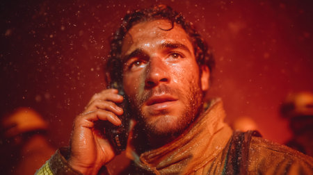 Close up Male Firefighter in Full Gear Ready for Duty, Standing in Front of a camera. Portrait of a Brave. High qualityの素材