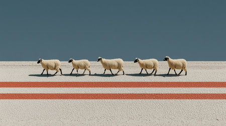 Sheep on the road, the concept of movement in life, animals, abstraction. High qualityの素材