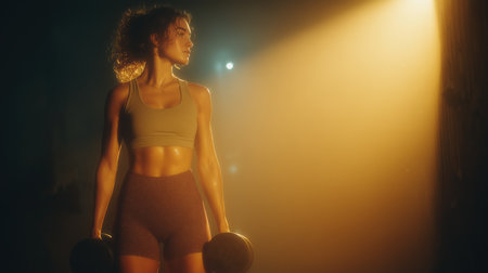 Healthy lifestyle, sports, fitness girl, athletic body. A fit young woman stands in a gym, holding a small dumbbell. She wearing tight athletic leggings. High qualityの素材