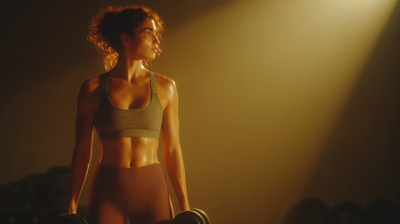 Healthy lifestyle, sports, fitness girl, athletic body. A fit young woman stands in a gym, holding a small dumbbell. She wearing tight athletic leggings. High qualityの素材