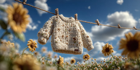 A sweater on a hanger, a fresh start, a new beginning. A line of clothes hanging on a clothesline. The clothes are white and yellowの素材
