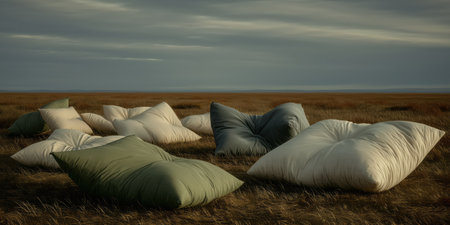 Soft pillows on the field, concept of new life, falling pillows, abstract. High qualityの素材