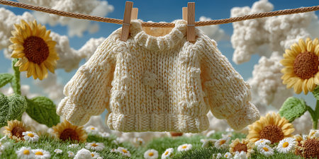 A sweater on a hanger, a fresh start, a new beginning. A line of clothes hanging on a clothesline. The clothes are white and yellowの素材