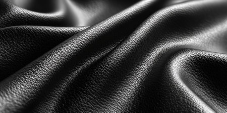 Close up of black textured natural leather Colored Fabric Leather folded and luminated under moving Light, making epic amazing shadows on textured background. High quality photoの素材
